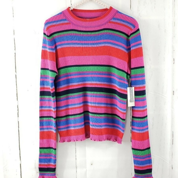 ❤BP Ribbed Lettuce Edge Multi Crazy Stripe Sweater - Picture 3 of 7